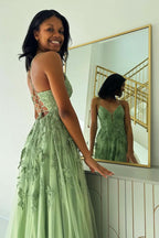 Lovely Sage Green V Neck Tulle A-Line Long Prom Dress with Appliques BM bride
