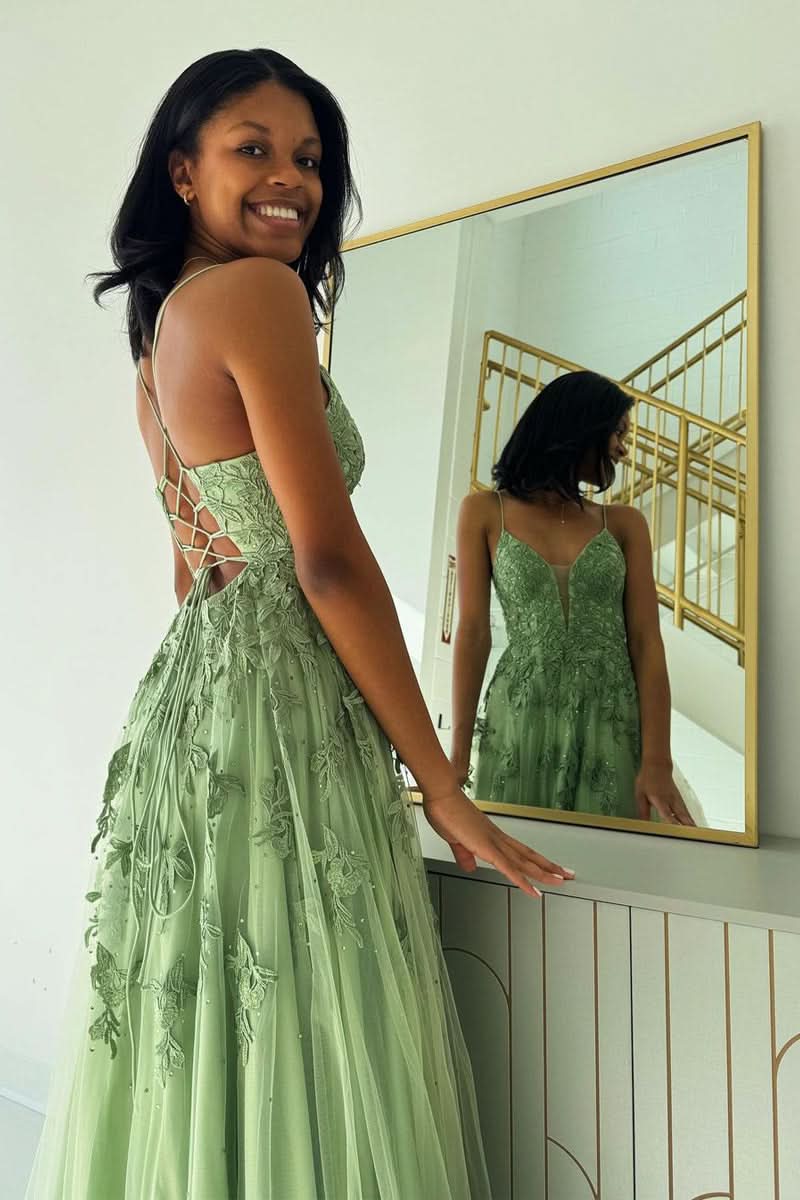 Lovely Sage Green V Neck Tulle A-Line Long Prom Dress with Appliques BM bride