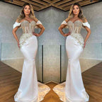 Beautiful White Off-The-Shoulder Appliques Long Mermaid Prom Dress BM bride