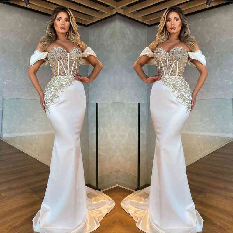 Beautiful White Off-The-Shoulder Appliques Long Mermaid Prom Dress BM bride