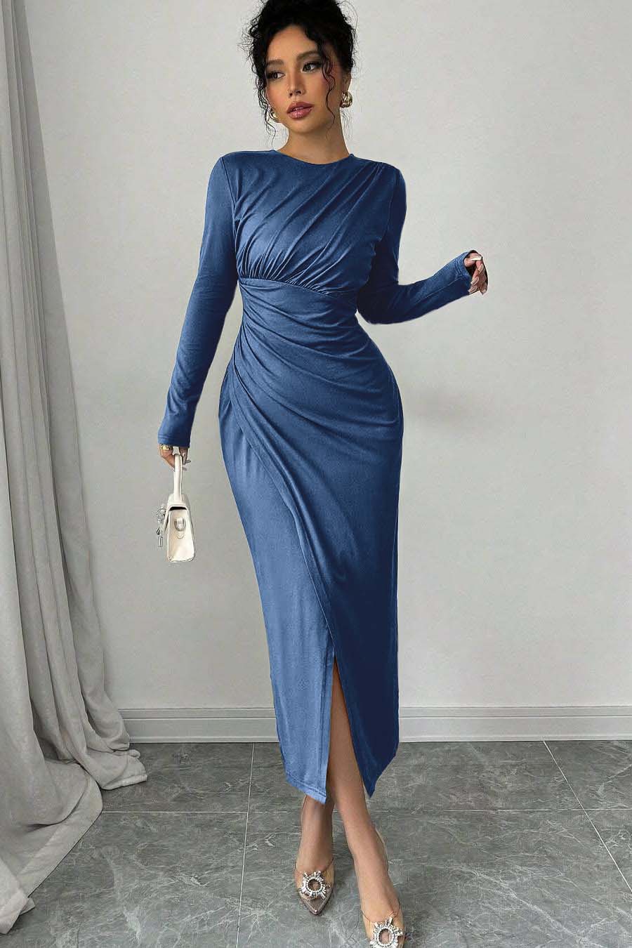 Long Sleeves Jewel Neck Tea Length Prom Dress With Split Pleated BMBRIDE