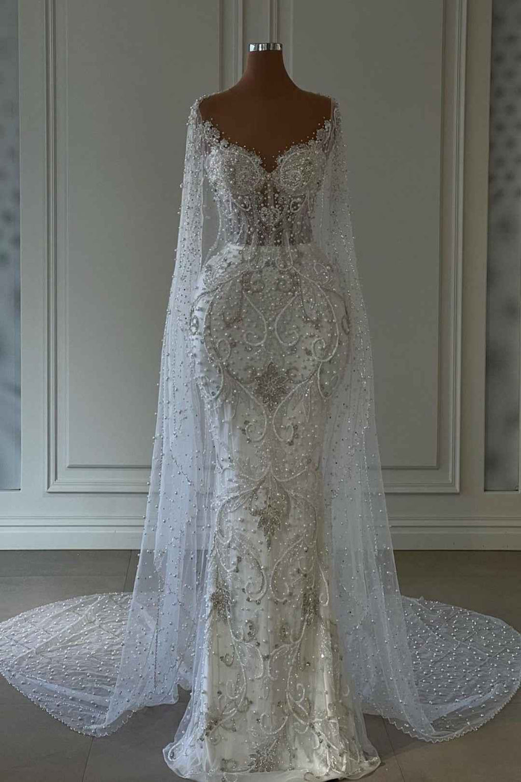 Long Sleeve White Wedding Dress with Beading on Tulle BM bride