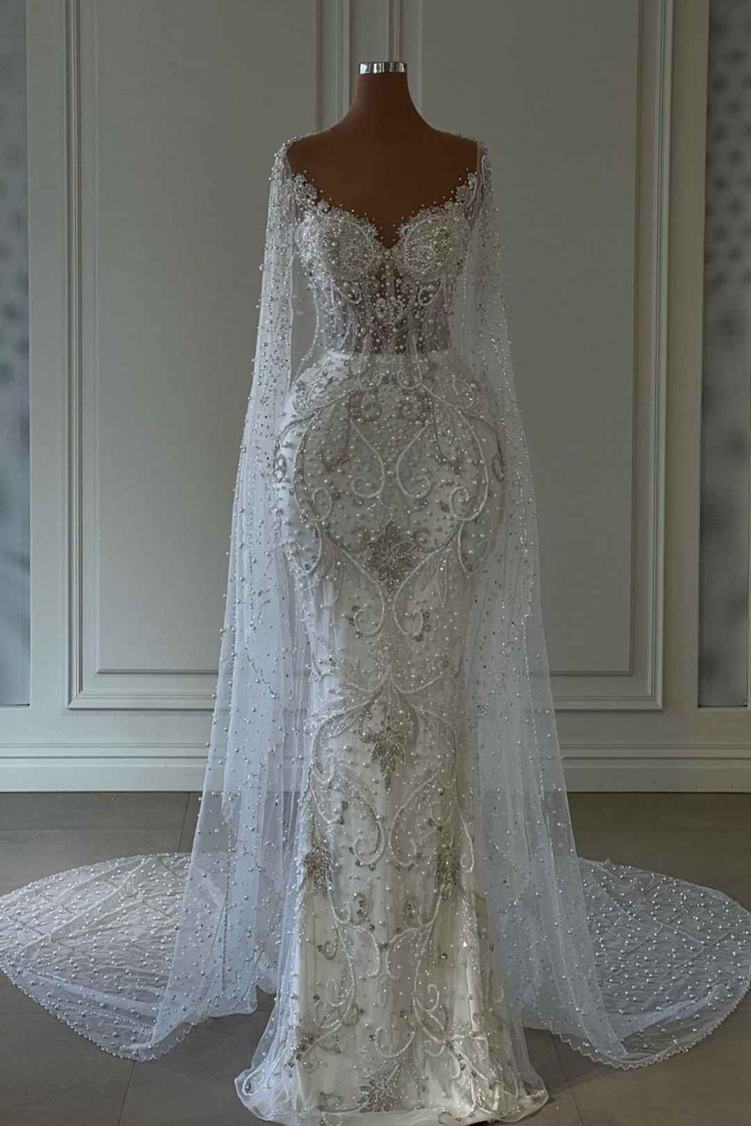 Long Sleeve White Wedding Dress with Beading on Tulle BM bride