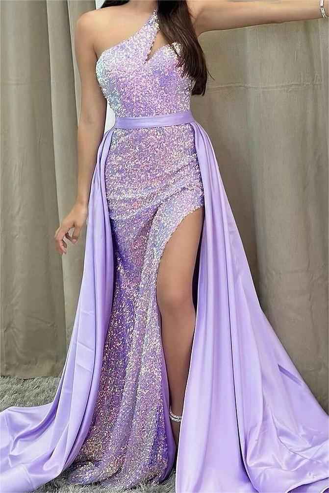 Chic Lilac Sequins One Shoulder Sleeveless Mermaid Split Prom Dress With Belt