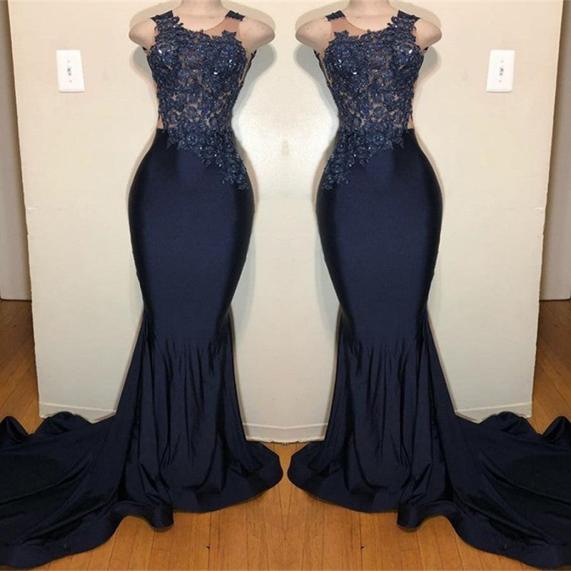 Dark Blue Appliqued Sleeveless Mermaid Prom Dress BM bride