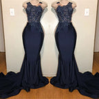Dark Blue Appliqued Sleeveless Mermaid Prom Dress BM bride