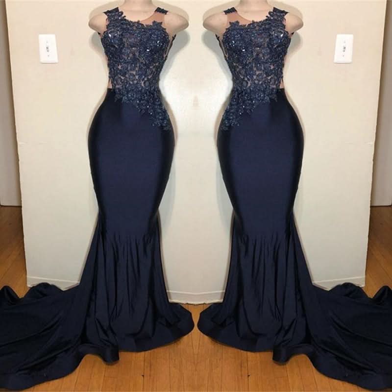 Dark Blue Appliqued Sleeveless Mermaid Prom Dress BM bride