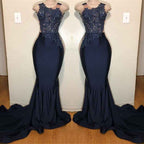 Dark Blue Jewel High Waist Mermaid Long Prom Dress Sleeveless With Appliques