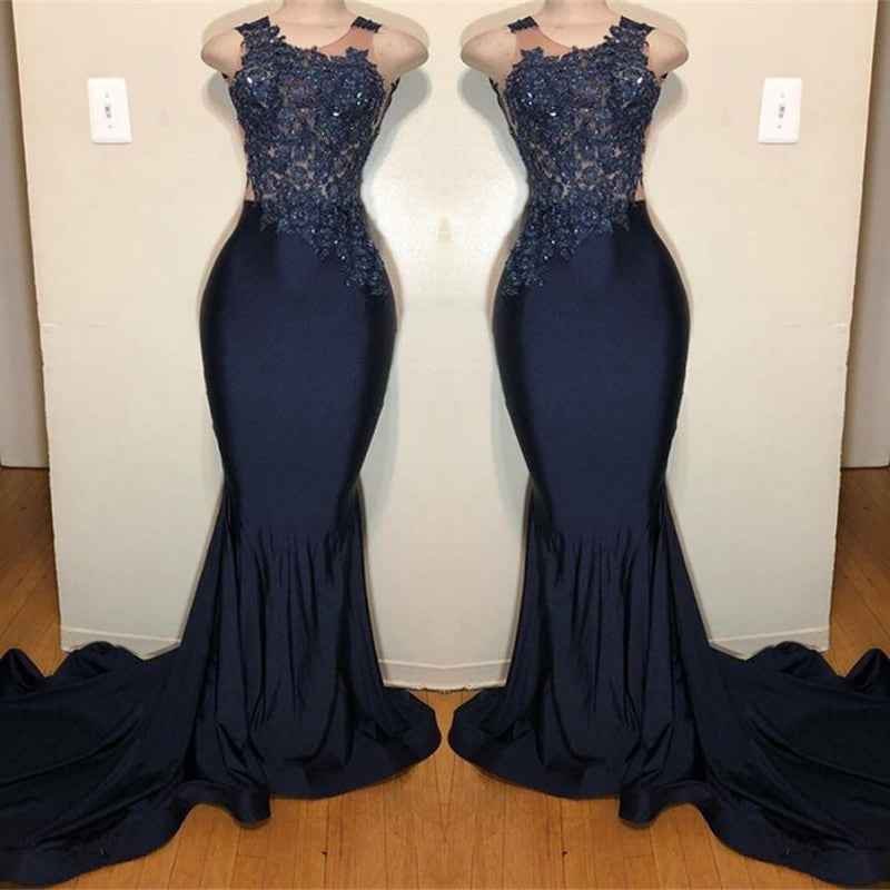 Dark Blue Jewel High Waist Mermaid Long Prom Dress Sleeveless With Appliques