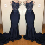 Dark Blue Appliqued Sleeveless Mermaid Prom Dress BM bride