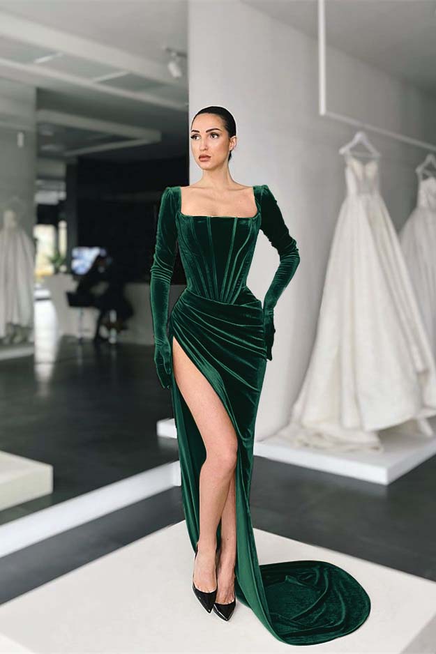 Stunning Square Neck Long Sleeves Pleated Long Prom Dress With Side Split BMBRIDE