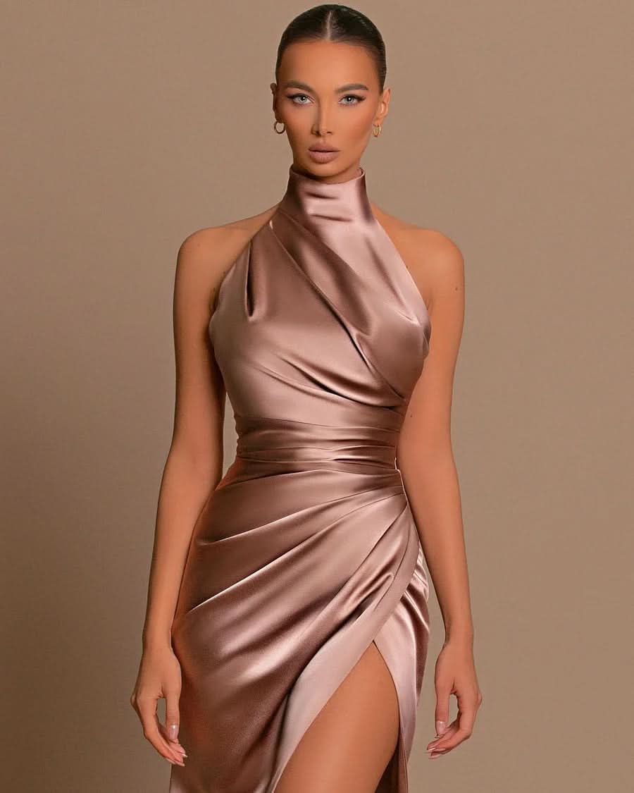 Mauve Halter Sleeveless Mermaid Prom Dress with High Slit BM bride