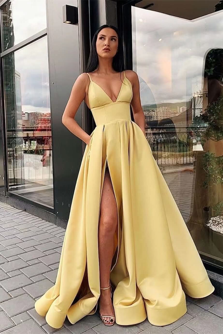 Elegant Spaghetti-Straps A-Line Evening Dress with Split and Pockets BM bride