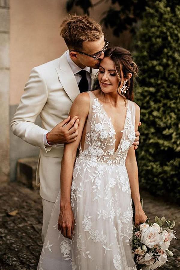 Boho Strappy V-Neck A-Line Wedding Dress with Appliques BM bride