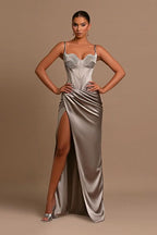 Grey Ball Gown Evening Dress with Slit Pleated Spaghetti Straps BM bride