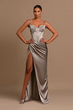 Charming Grey Evening Dress Ball Gown with Slit Pleated Spaghetti Straps BM bride