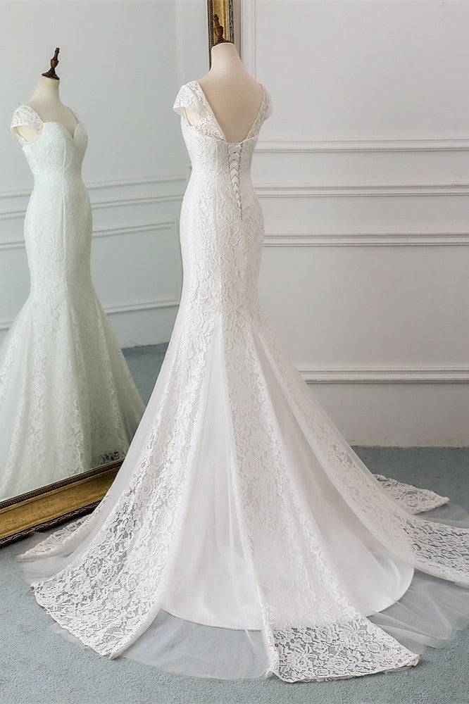 Sweetheart Lace Long Mermaid Wedding Dress with Cap Sleeves BM bride