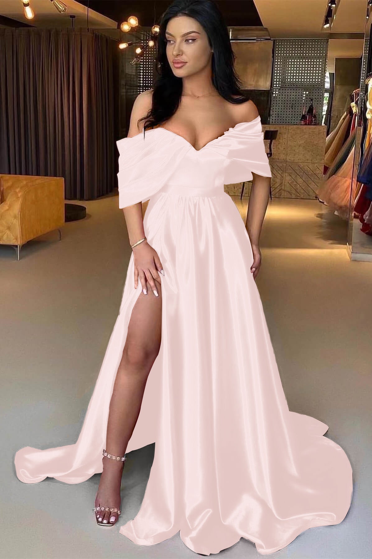 Charming Red A Line Off the Shoulder Strapless Long Prom Dress With Split BMBRIDE