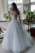 Charming Long A-Line Off-the-Shoulder Tulle Wedding Dress BM bride