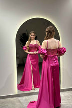 Sweetheart Bubble Sleeves High Split Long Prom Dress With Beading