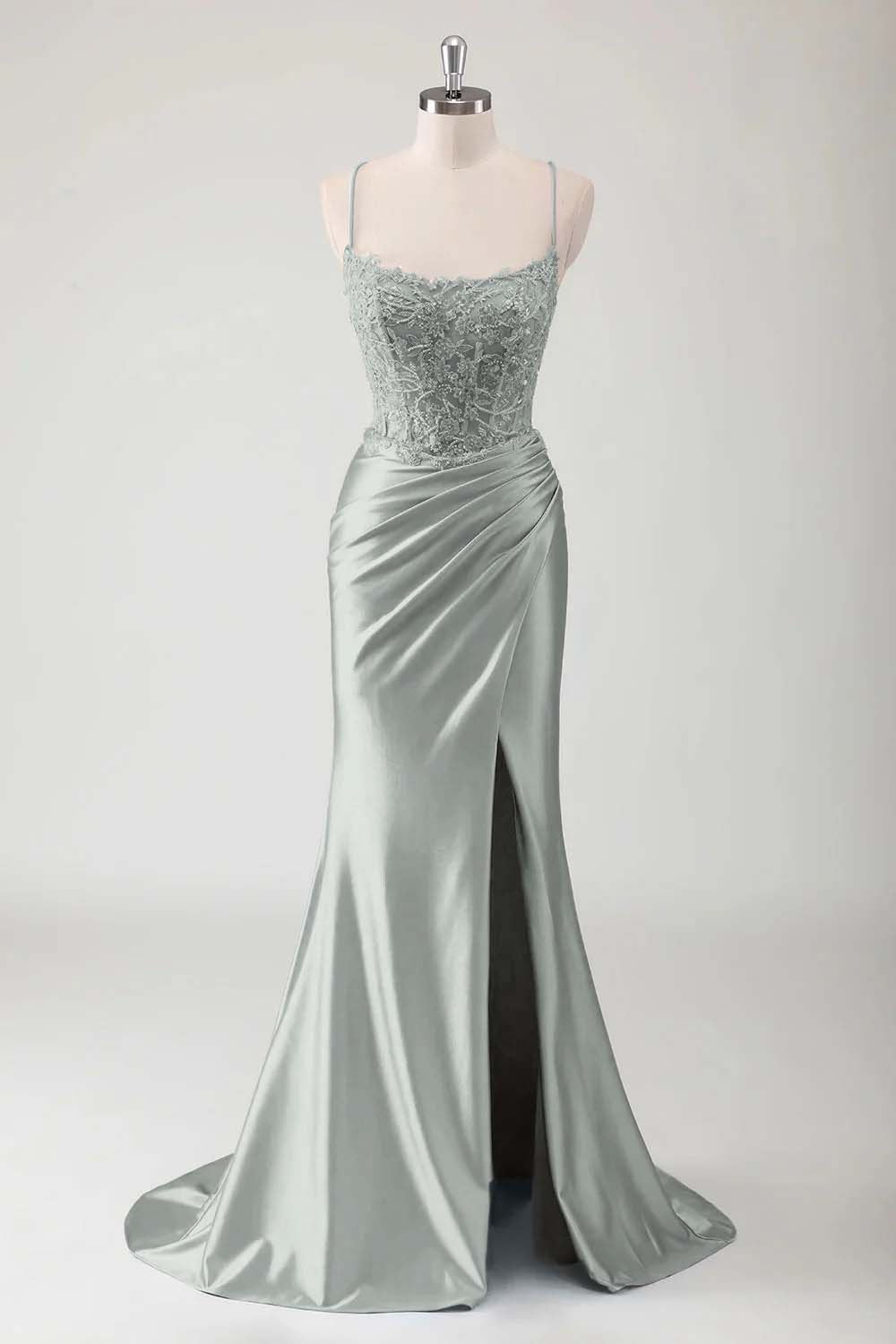 Spaghetti Strap Sleeveless Long High Split Prom Dress With Appliques BMBRIDE
