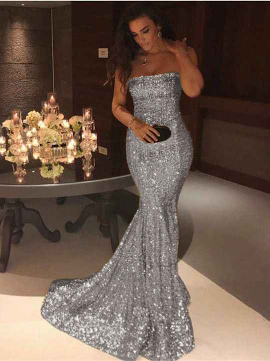 Strapless Sequins Sleeveless Strapless Mermaid Prom Dress With Pleated