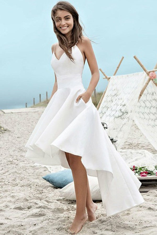Simple V-Neck Spaghetti Strap A-Line Hi-Lo Wedding Dress with Pockets BM bride