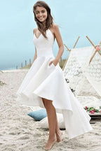 Simple V-Neck Spaghetti Strap A-Line Hi-Lo Wedding Dress with Pockets BM bride
