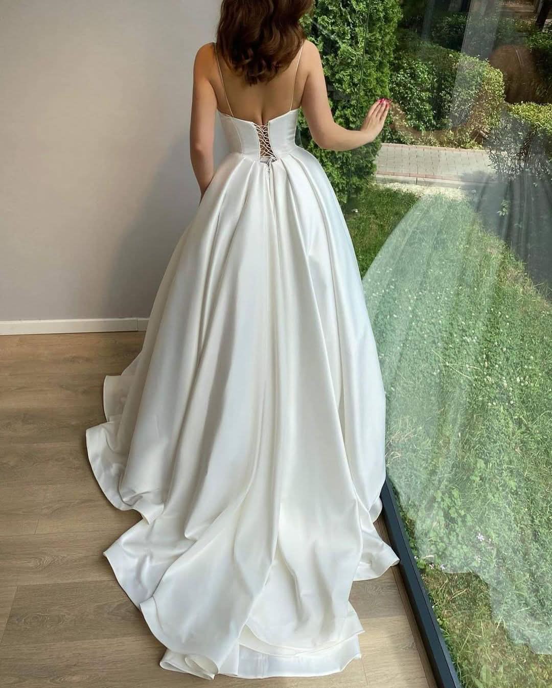 Ball Gowns Sweetheart Spaghetti Straps Long Satin Wedding Dress BM bride