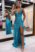 Beautiful Jade Sequin Lace V Neck Mermaid Prom Dress with Slit BM bride