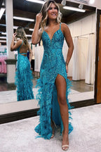 Beautiful Jade Sequin Lace V Neck Mermaid Prom Dress with Slit BM bride