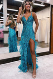 Beautiful Jade Sequin Lace V Neck Mermaid Prom Dress with Slit BM bride