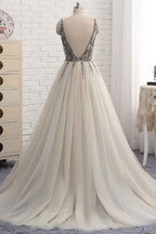 Tulle V Neck Sleeveless A Line Prom Dress Tulle With Beading