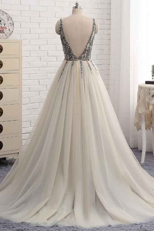 Tulle V Neck Sleeveless A Line Prom Dress Tulle With Beading