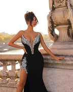 Sexy Black Long Prom Dress with Appliques, V Neck, and High Slit BM bride