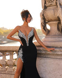 Sexy Black Long Prom Dress with Appliques, V Neck, and High Slit BM bride