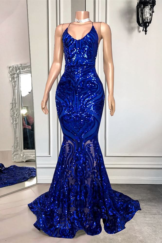 Royal Blue Spaghetti-Straps Mermaid Long Prom Dress with Sequins BM bride