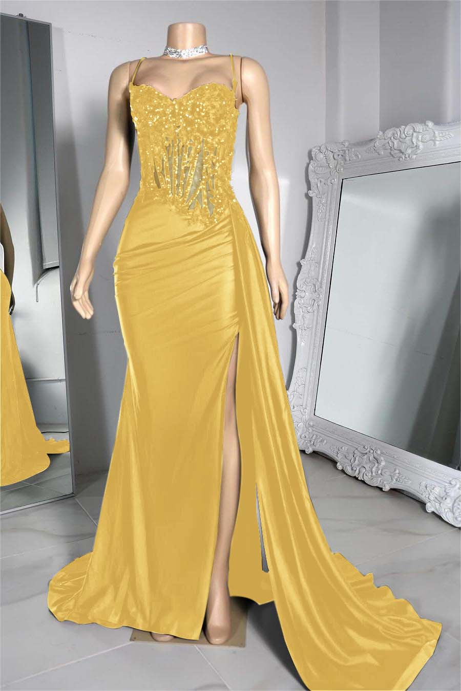 Exquisite Black Spaghetti Strap Sleeveless Pleated Long Split Prom Dress With Beading BMBRIDE