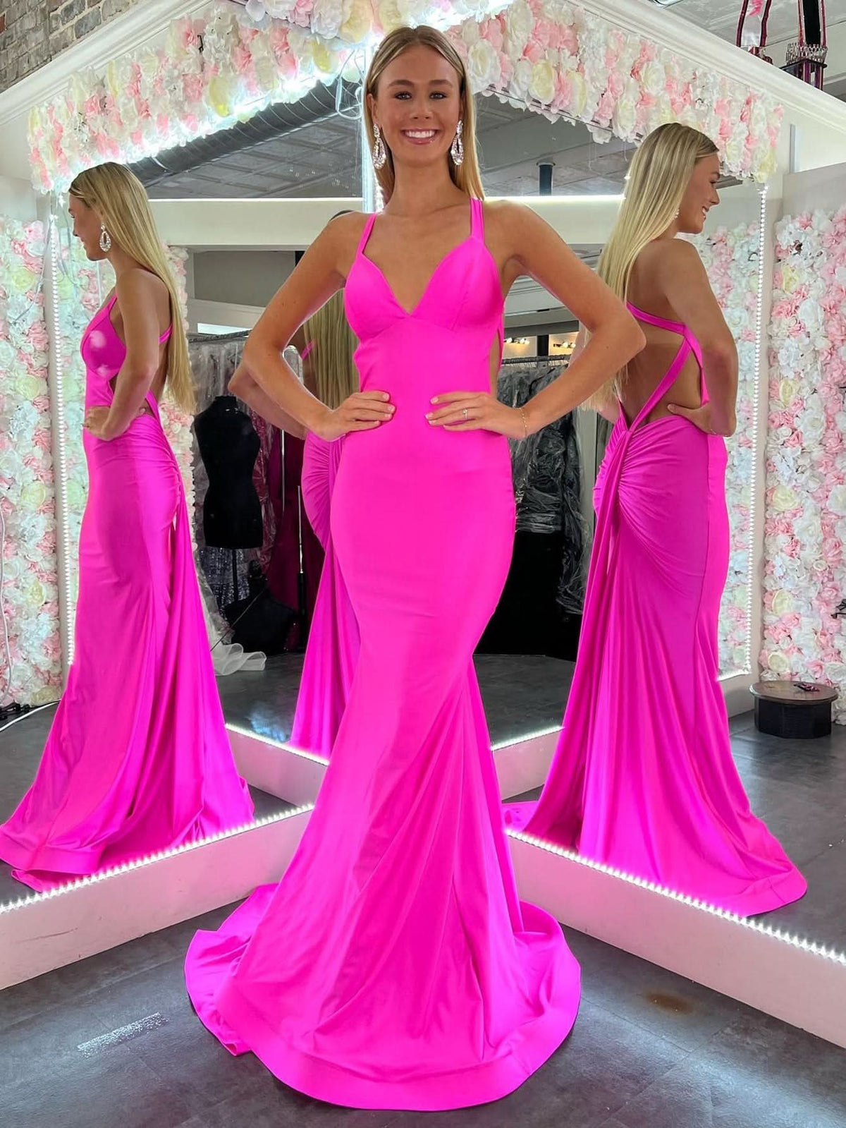 Romantic Mermaid Pink V Neck Backless Satin Long Prom Dress BM bride