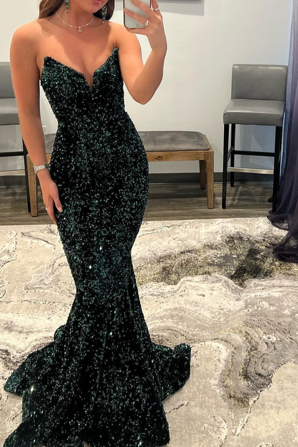 Dark Green V-Neck Long Mermaid Prom Dress with Sequins BM bride