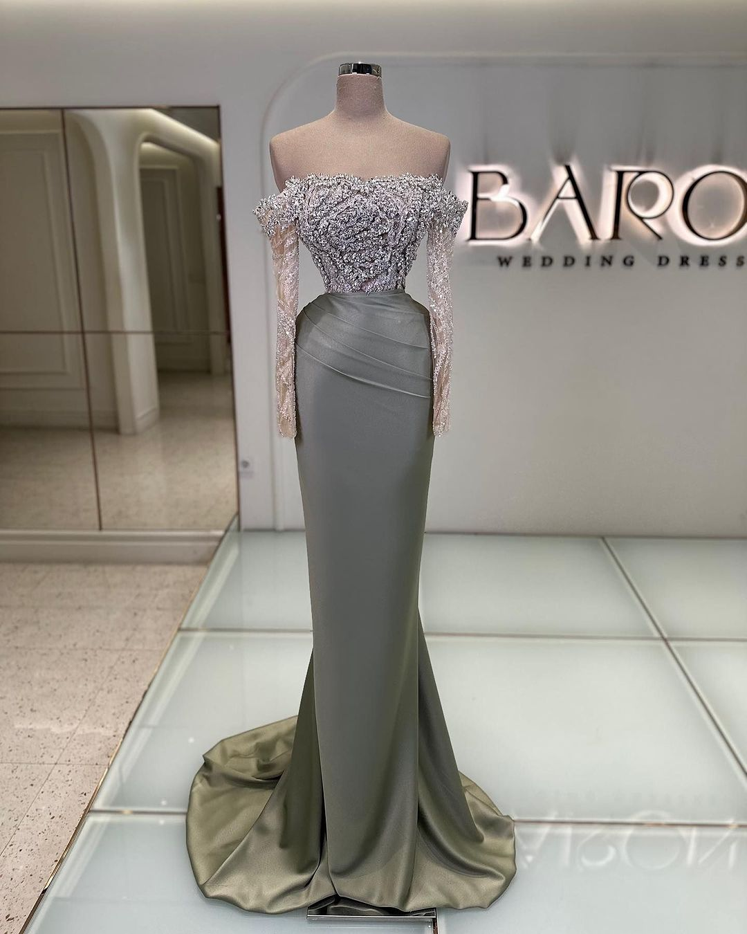 Off the Shoulder Long Sleeves Long Mermaid Prom Dress With Beading BMBRIDE
