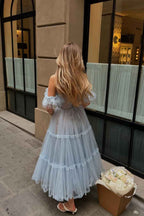 Tulle Off the Shoulder Sweetheart Strapless A Line Long Prom Dress