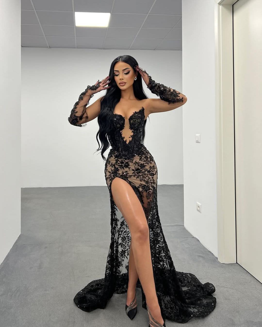 Lace Black Long Prom Dress with High Slit Gown and Printing BM bride