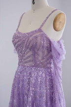 Pink Off the Shoulder A Line Prom Dress Long Sleeves Tulle With Sparkle Appliques