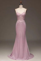 Elegant Pink Spaghetti-Strap Shining Sleeveless Prom Dress BM bride
