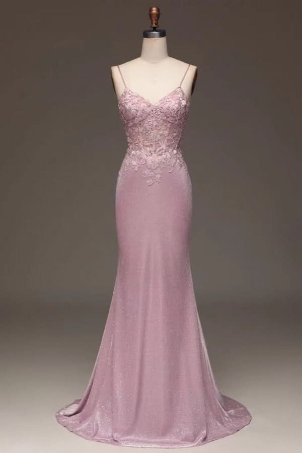 Elegant Pink Spaghetti-Strap Shining Sleeveless Prom Dress BM bride