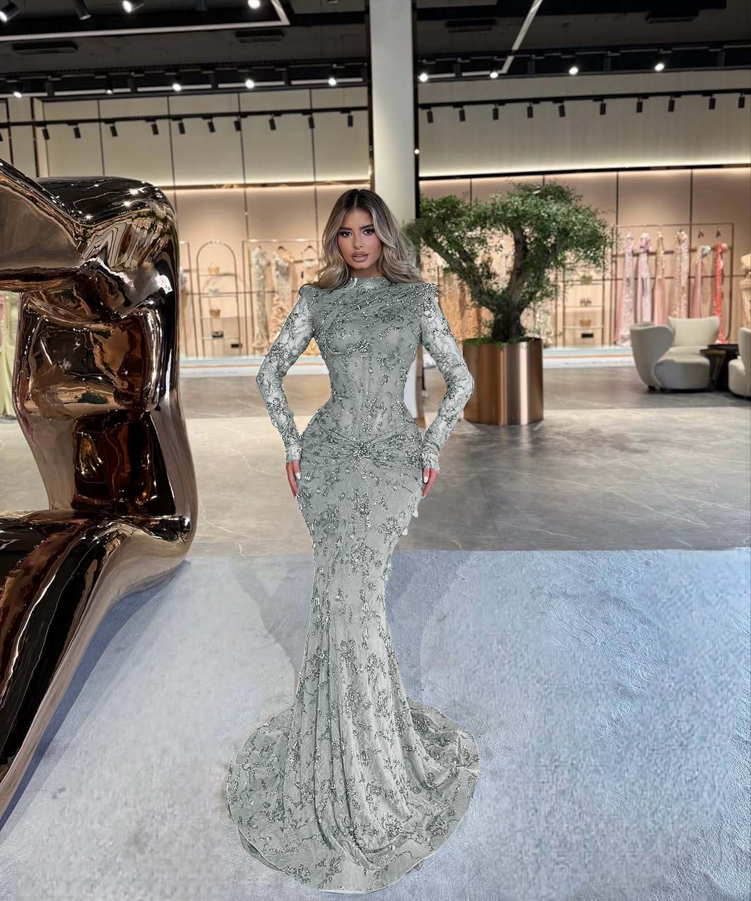 High Neck Long Sleeves Long Mermaid Prom Dress With Beading Pleated BMBRIDE