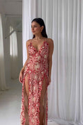 Spaghetti Strap V Neck Sleeveless Long Split Prom Dress With Embroidery