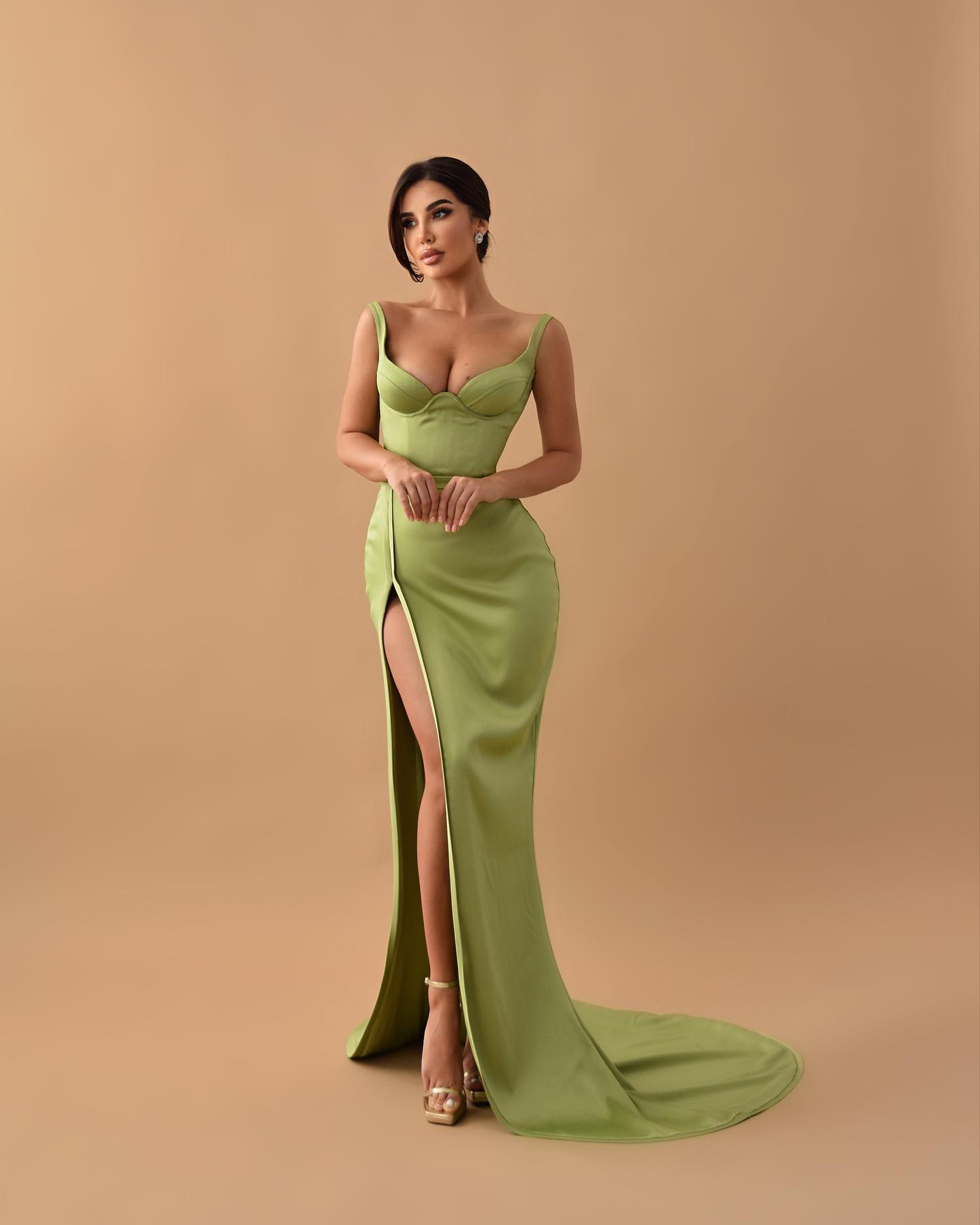 Sage Mermaid Spaghetti Strap Sleeveless Long Prom Dress With High Split