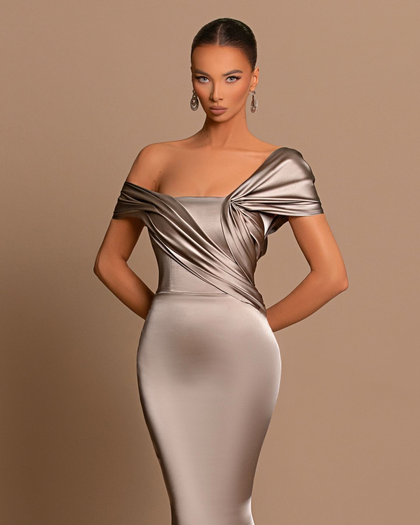Grey Off-The-Shoulder Evening Dress Bateau Pleated Ball Gown BM bride